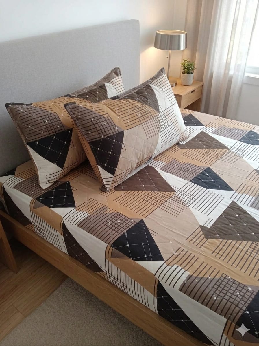 tan-black-geometric-triangle-quilted-bedsheet-set