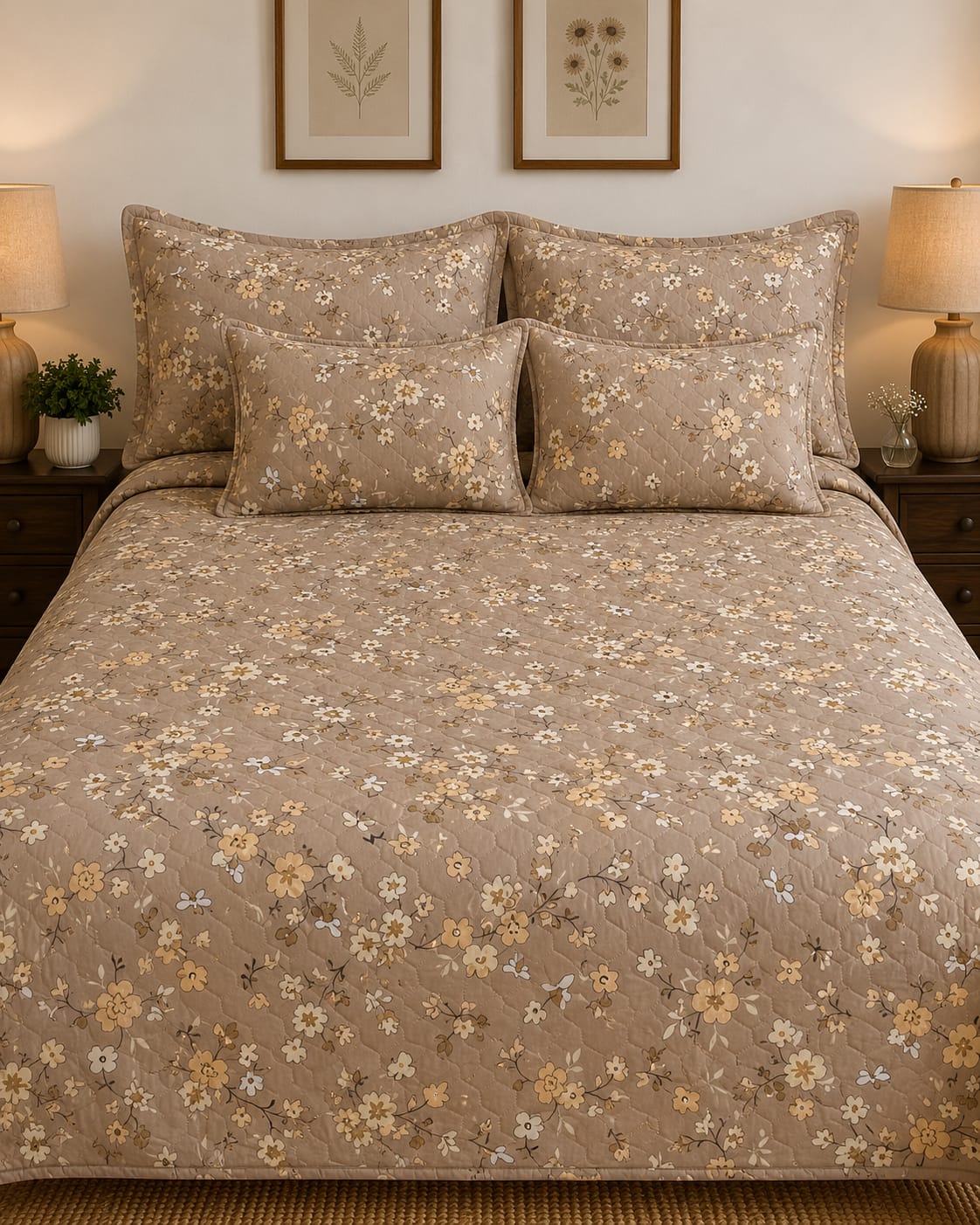 taupe-ditsy-floral-quilted-bedsheet-set